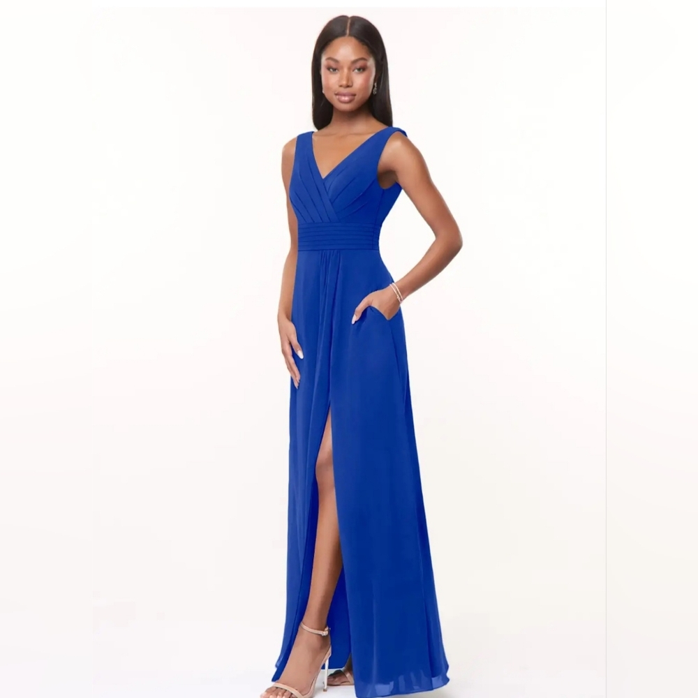 Azazie Cobalt Blue V-Neck Maxi Dress with Front Slit